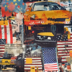 Primer plano del estampado USA con escenas urbanas y bandera americana.